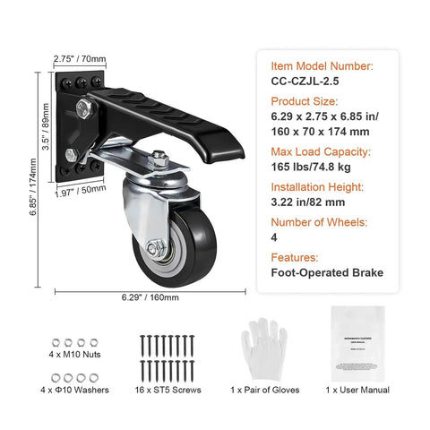 Heavy Duty Retractable Workbench Casters For Shop Tables Featuring Two Point Five Inch Urethane Wheels With Six Sixty Pound Rock Solid Hold and foot-operated brake.