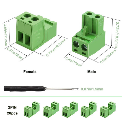Image showing 16 Pack 2 Pin Screw Terminal Block Connector 5.08 Millimeter Pitch Plug And Play With 2 Pin Phoenix Plug, green PA66 plastic.