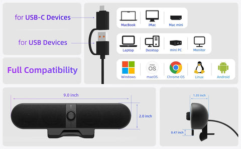 Desktop PC Speakers For Computer, Monitor Soundbar With Easy Volume Knob And Sturdy Clamp, USB C Ready, full compatibility chart