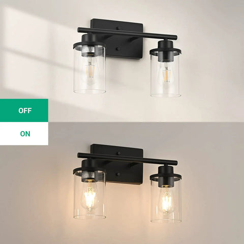 2-Light Matte Black Vanity Light Fixture With Clear Glass Shades, Vintage Wall Sconce Vibe For Bathroom, Bedroom, Living Room Or Hallway, E26 Base, Bulbs Not Included