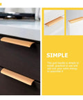 Gold Invisible Flush Pull Handles on dark kitchen drawers, showing no-drill install, easy grip design, cabinet doors, four pack.