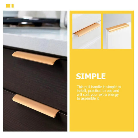 Gold Invisible Flush Pull Handles on dark kitchen drawers, showing no-drill install, easy grip design, cabinet doors, four pack.