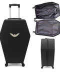 Coffin Shaped Carry On Luggage With Lock 26 Point 5 Inch Gothic Hard Shell Spinner Suitcase In Black shown open and side view