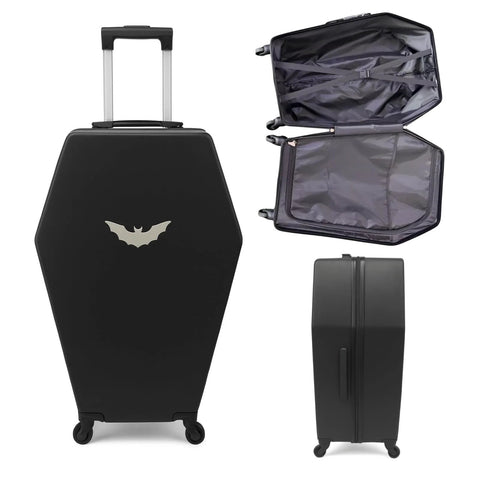 Coffin Shaped Carry On Luggage With Lock 26 Point 5 Inch Gothic Hard Shell Spinner Suitcase In Black shown open and side view