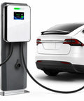 Heavy Duty Level 2 EV Charger With J1772 Adapter And Nema 14 50 Socket Delivers 48 Amps charging a white Tesla from a wall mount.