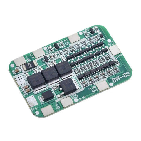 Kickass 6S BMS Board With Heavy Duty Nickel Strips For Smooth 15A 24V Lithium Ion Charging Delivering Hella Reliable Overcharge Overdischarge And Short Circuit Defense Every Single Cycle circuit protection board close-up with connectors and chips.
