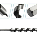 Built Tough One Inch Wood Auger Drill Bit With Hex Shank And Hardened Carbon Steel Shaft showing spiral design and hex head.