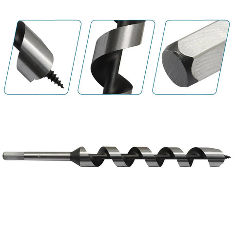 Built Tough One Inch Wood Auger Drill Bit With Hex Shank And Hardened Carbon Steel Shaft showing spiral design and hex head.