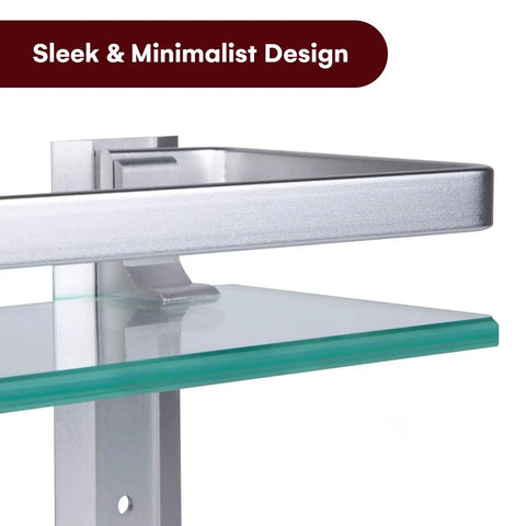 Close-up of Glass Bathroom Shelf With Hand Towel Bar Wall Mounted Rectangular Storage Extra Thick Tempered Glass 15.2 x 4.5 Inches