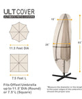 Diagram showing measurements and fit of Heavy Duty 600D Patio Parasol Cover For Offset Banana Cantilever Umbrellas 7.5 To 11.5 Feet Waterproof Outdoor Shield