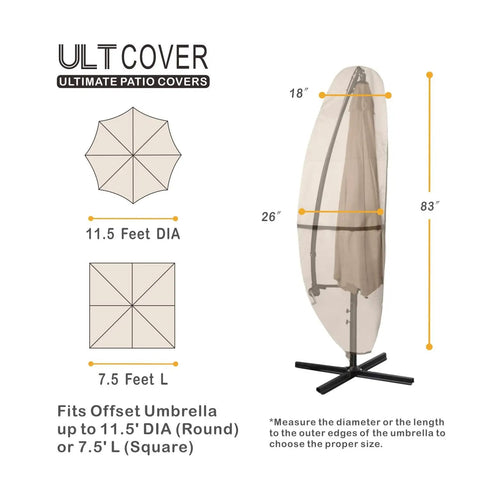 Diagram showing measurements and fit of Heavy Duty 600D Patio Parasol Cover For Offset Banana Cantilever Umbrellas 7.5 To 11.5 Feet Waterproof Outdoor Shield