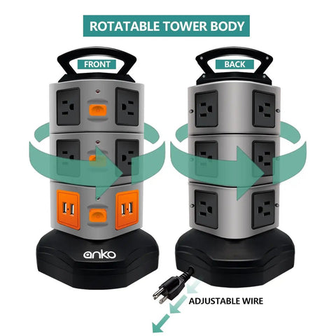 Rotatable Heavy Duty Power Strip Tower With 3000W Surge Protection And 10 Outlets Plus 4 USB Ports, adjustable wire, front and back view