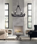 Living room scene with Black Farmhouse Wagon Wheel Chandelier With Eight Exposed Lights Dope Industrial Iron Ceiling Fixture