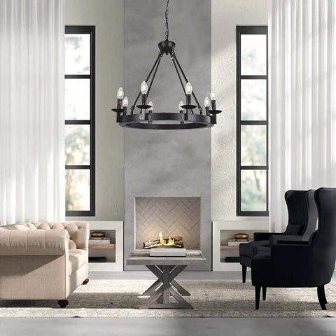 Living room scene with Black Farmhouse Wagon Wheel Chandelier With Eight Exposed Lights Dope Industrial Iron Ceiling Fixture