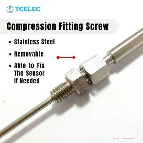 Close-up of K Type Metal Thermocouple Sensor Probe with fitting screw for high temperature furnaces and roasters.