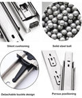 Close-up of Full Extension Ball Bearing Drawer Slides With Soft Close, 3 Fold, Quiet Side Mount Stainless Steel Runners, 550mm and 22 Inch Options showing silent cushioning, steel balls, detachable buckle, and porous positioning.