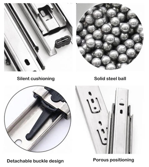Close-up of Full Extension Ball Bearing Drawer Slides With Soft Close, 3 Fold, Quiet Side Mount Stainless Steel Runners, 550mm and 22 Inch Options showing silent cushioning, steel balls, detachable buckle, and porous positioning.