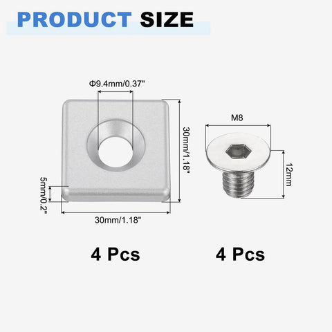 4 Pcs Zinc Alloy 3030 T Slot Aluminum Profile End Caps Eu Standard 30 X 30 Millimeter Cover With M8 Screws Silver Tone size diagram