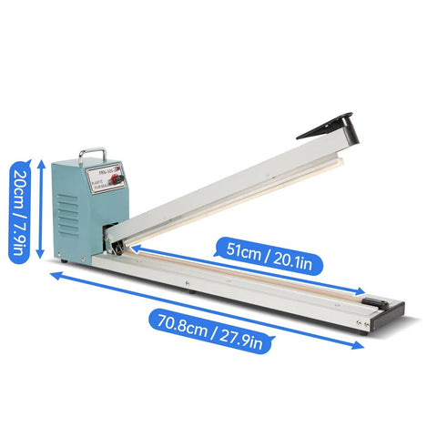 Rock Solid Impulse Heat Sealer With 20 Inch Wide Seal Bar Heavy Duty Plastic Bag Sealing And Cutting Machine from side view showing dimensions.