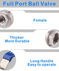 Diagram highlighting features of Heavy Duty 304 Stainless Steel Full Port Ball Valve For Water Oil And Gas With Blue Locking Handle 1-1/4 Inch NPT.