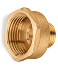 Brass pipe fitting adapter, 1/2 in male x 1 in female threaded, close-up view