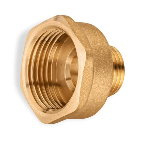 Brass pipe fitting adapter, 1/2 in male x 1 in female threaded, close-up view
