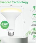 12 Pack Br30 LED Recessed Light Bulbs Dimmable Can Lights Soft White 2700K 650 Lumens E26 shown with specs on a light fixture.