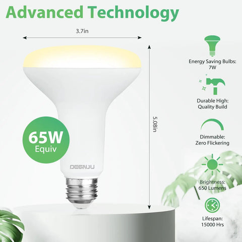 12 Pack Br30 LED Recessed Light Bulbs Dimmable Can Lights Soft White 2700K 650 Lumens E26 shown with specs on a light fixture.