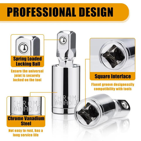 Three Piece Universal Joint Socket Set One Quarter Inch Drive Three Eighths Inch Drive And One Half Inch Drive Swivel Sockets in Chrome Vanadium Steel