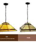 Lit and unlit Cream Cross Tiffany Pendant Light With Vintage Vibe Glass, 16 Inch Stained Glass Hanging Lamp for kitchen island use