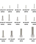 Assorted 304 Stainless Steel Socket Head Cap Screws Set No 2-56 No 4-40 No 6-32 No 8-32 No 10-24 No 1/4-20 No 5/16-18 UNC Coarse Thread Hardware Kit For Metalworking And DIY Projects displayed with quantities and sizes.