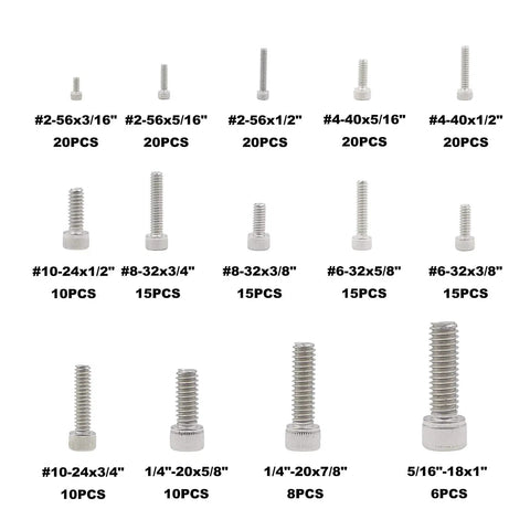 Assorted 304 Stainless Steel Socket Head Cap Screws Set No 2-56 No 4-40 No 6-32 No 8-32 No 10-24 No 1/4-20 No 5/16-18 UNC Coarse Thread Hardware Kit For Metalworking And DIY Projects displayed with quantities and sizes.