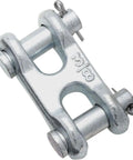 Heavy Duty Double Clevis Link Zinc Plated Chain Connector Solid Forged Steel Rigging Hardware 5400 Pound Working Load shown from a side angle.