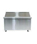 Commercial 60 Inch 15 Cu Ft Mega Top Prep Table Refrigerator Stainless Steel with wheels and sleek design for kitchen use.