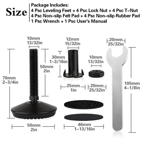 Set Of 4 M10 Screw In Adjustable Leveling Feet For Furniture Heavy Duty Self Levelers With T Nut 2 Inch Base Diameter Kit Contents