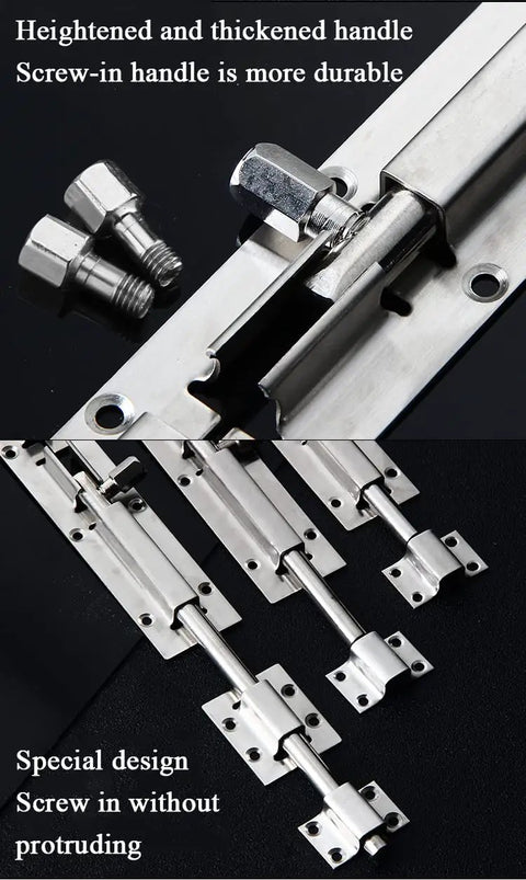 Heavy Duty Stainless Steel Slide Barrel Bolt Gate Latch Four Pack Quick Install features durable screw-in handle and slide bolts.