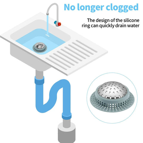 Straight Up Solid Zinc Alloy Bathtub Drain Hair Catcher With Non Slip Silicone Grip in sink showing quick drainage.