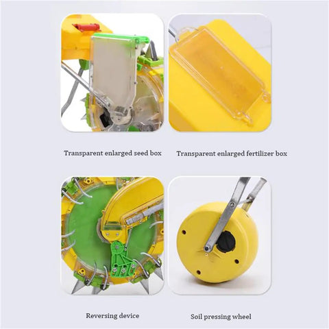 Easy To Use Handheld Seed Sower And Fertilizer Applicator With Double Row Seeder, garden tool parts featuring seed and fertilizer boxes.