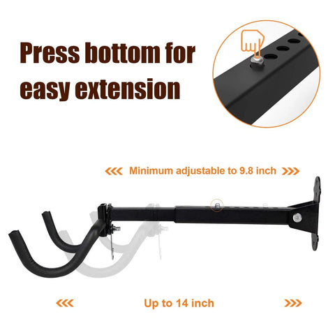 Heavy Duty Steel Bike Wall Mount Hanger For Garage Storage Foldable Arm Bike Rack Indoor Wall Mount Holder Fits Road And Mountain Bikes Adjustable Sturdy Up To 55 Lbs 2 Pack, adjustable arm detail