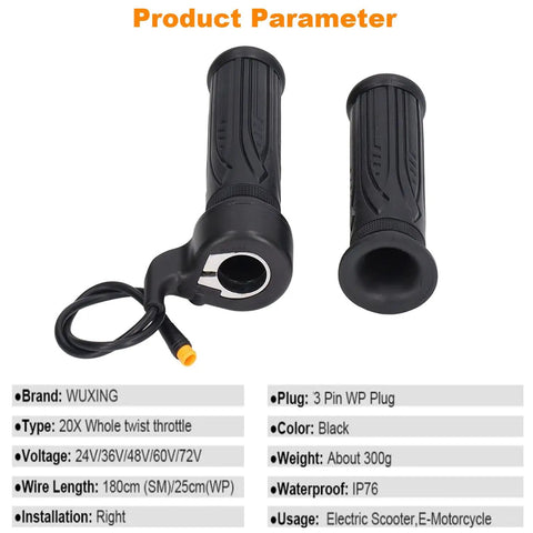 Full Twist Throttle Grip For Ebikes And EScooters With 3 Pin Waterproof Connector Fits 22mm Handlebar 12V 72V Voltage Range
