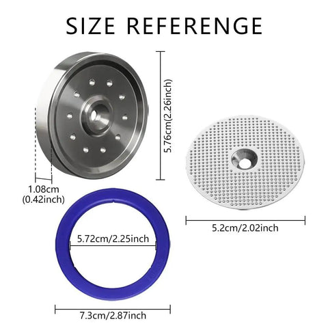 Heavy Duty Stainless Steel Shower Screen And Dispersion Block Pack Straight Fire Build For Knockout Espresso Shots Killer Upgrade For Home Baristas Keeping Your Daily Grind Fresh size reference with measurements of each component in inches.