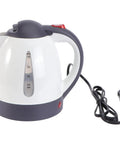 Road Trip Ready 12V Electric Hot Water Kettle with a white and gray design, fast boil capability, and auto shutoff features.