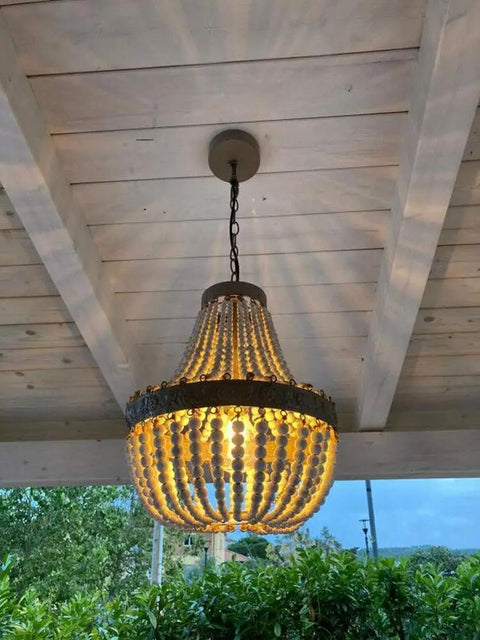 Wood Bead Chandelier Pendant For Boho Beachy Vibe Living Room Lighting under outdoor patio ceiling, gray white finish