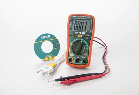 Autoranging Mini Multimeter With Built In Non Contact Voltage Detector Handy Tool For Diy And Pros displayed with probes and CD