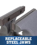 5 Inch Apprentice Vise WVA5 Heavy Duty 6600 Lbs Clamping Force For Metalworking And Shop Projects With Fast Setup And Minimal Downtime Precision Machined Slide Rail For Smooth Action 3.25 In Throat 1/4 To 2-1/2 In Pipe Capacity, replaceable steel jaws