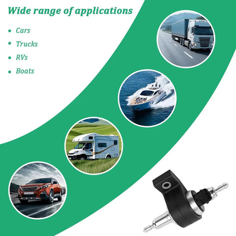 Road Ready 12V Diesel Heater Fuel Pump featuring slick quiet functioning with rugged ABS build, showing wide application for cars, trucks, RVs, boats.