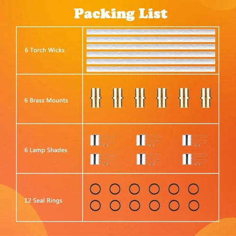 Packing list showing 6 torch wicks, 6 brass mounts, 6 lamp shades, and 12 seal rings for Six Pack Wine Bottle Torch Wicks Kit For Outdoor Lighting Citronella Garden Torches Patio Lanterns Table Torches DIY Bottle Torch Craft Perfect For Backyard Lighting Fence Lines Porch Decor.