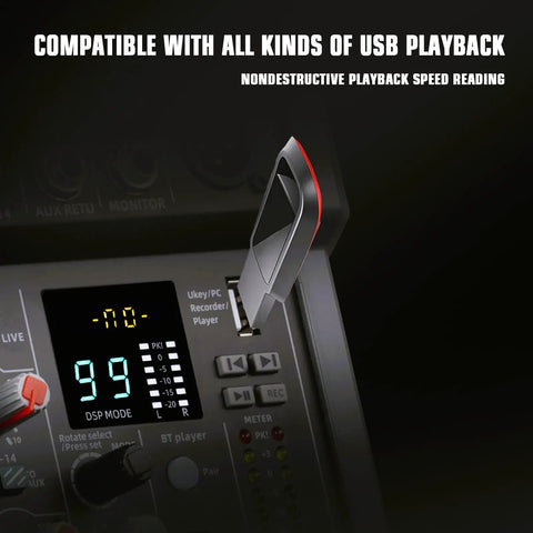 USB playback feature of 8-Channel Audio Mixer With 99 DSP Effects And 48V Phantom Power For DJs And Producers displayed on screen.