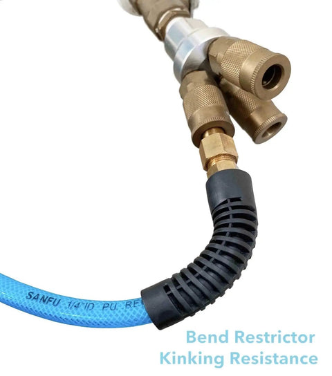 Reinforced Polyurethane Air Hose One Quarter Inch ID (6.3x9.8mm) 100 Feet With Solid Brass Quick Connect Coupler And Plug, Transparent Blue, showing bend restrictor for kink resistance.