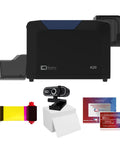 Single Sided ID Card Printer With Complete Supplies Kit And Gold Edition Software For Daily Office And Campus Use Delivers Crisp Full Color Credential Prints Ready To Roll Without Any Sweat with printer, webcam, cards, and ribbon.